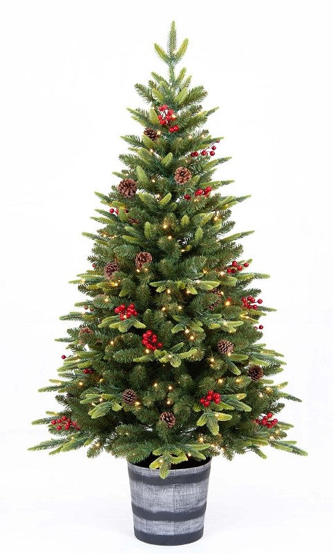 PINETTO VERDE CON 200 LED BACCHE E PIGNE 150CM VASO TONDO