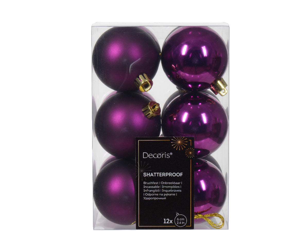 12 PALLINE DI NATALE D.6CM COLORE VIOLA LUCIDO/OPACO