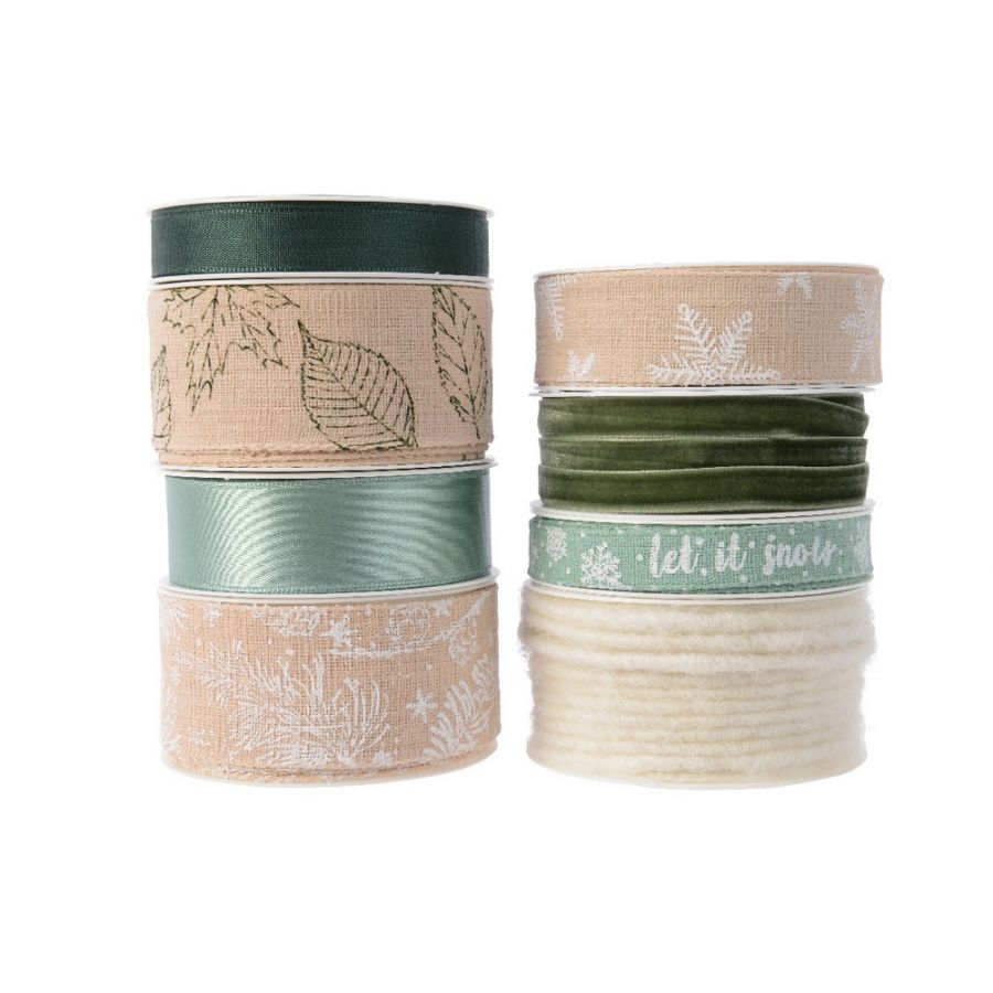 NASTRO PER PACCHI REGALO AZZURRO/FOGLIE/SCRITTE NATALIZIE ASSORTITO