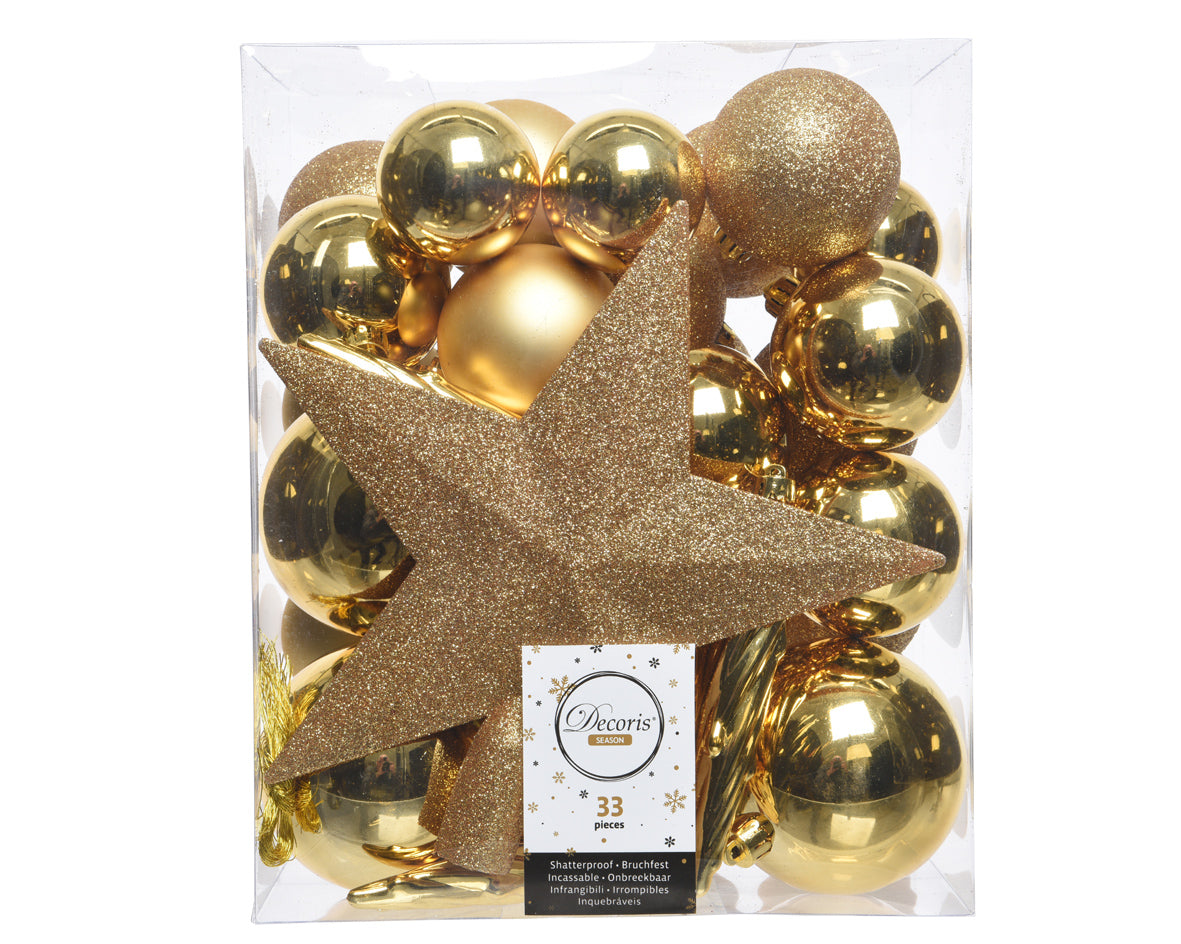 33 PALLINE DI NATALE+PUNTALE ORO CHIARO ASSORTITE