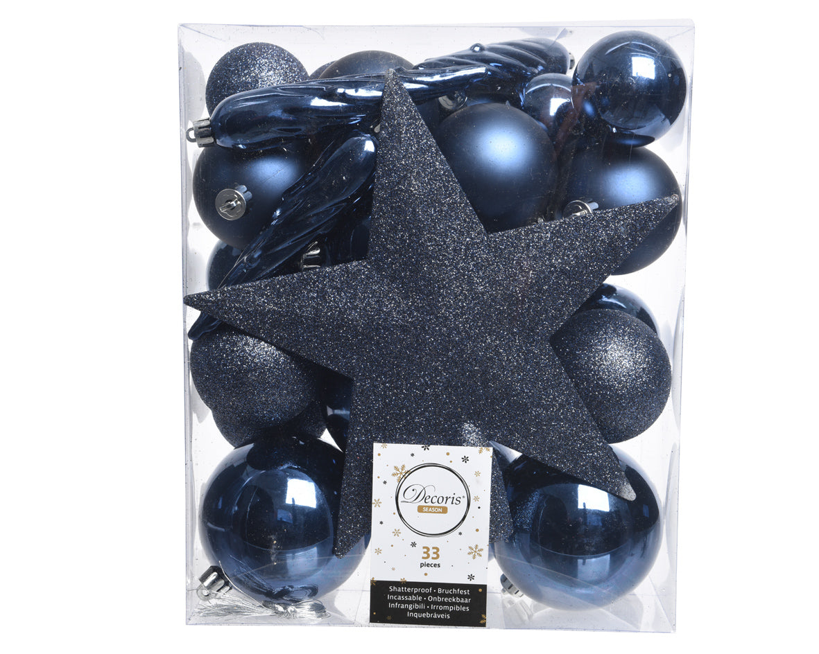 33 PALLINE DI NATALE+PUNTALE BLU NOTTE ASSORTITE