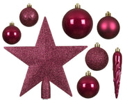 CONFEZIONE CON 33 ADDOBBI E PUNTALE PER ALBERO, COLORE VIOLA