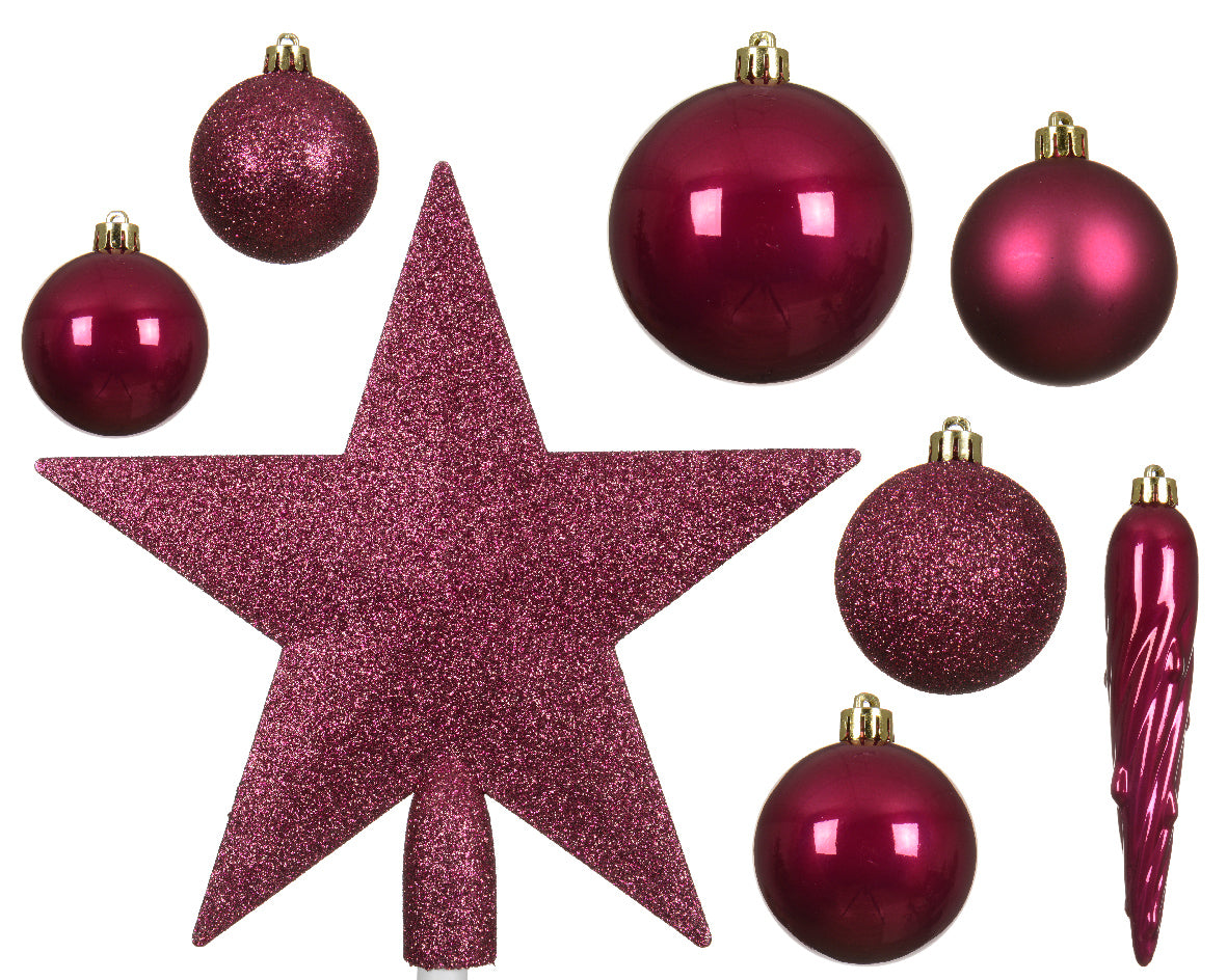 CONFEZIONE CON 33 ADDOBBI E PUNTALE PER ALBERO, COLORE VIOLA
