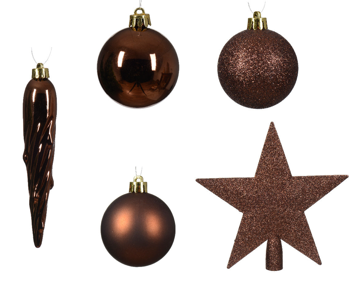 CONFEZIONE CON 33 ADDOBBI E PUNTALE PER ALBERO DI NATALE, MARRONE SCURO