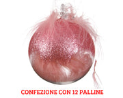 12 PALLINE NATALIZIE TRASPARENTI CON PIUME E GLITTER ROSA 8 CM