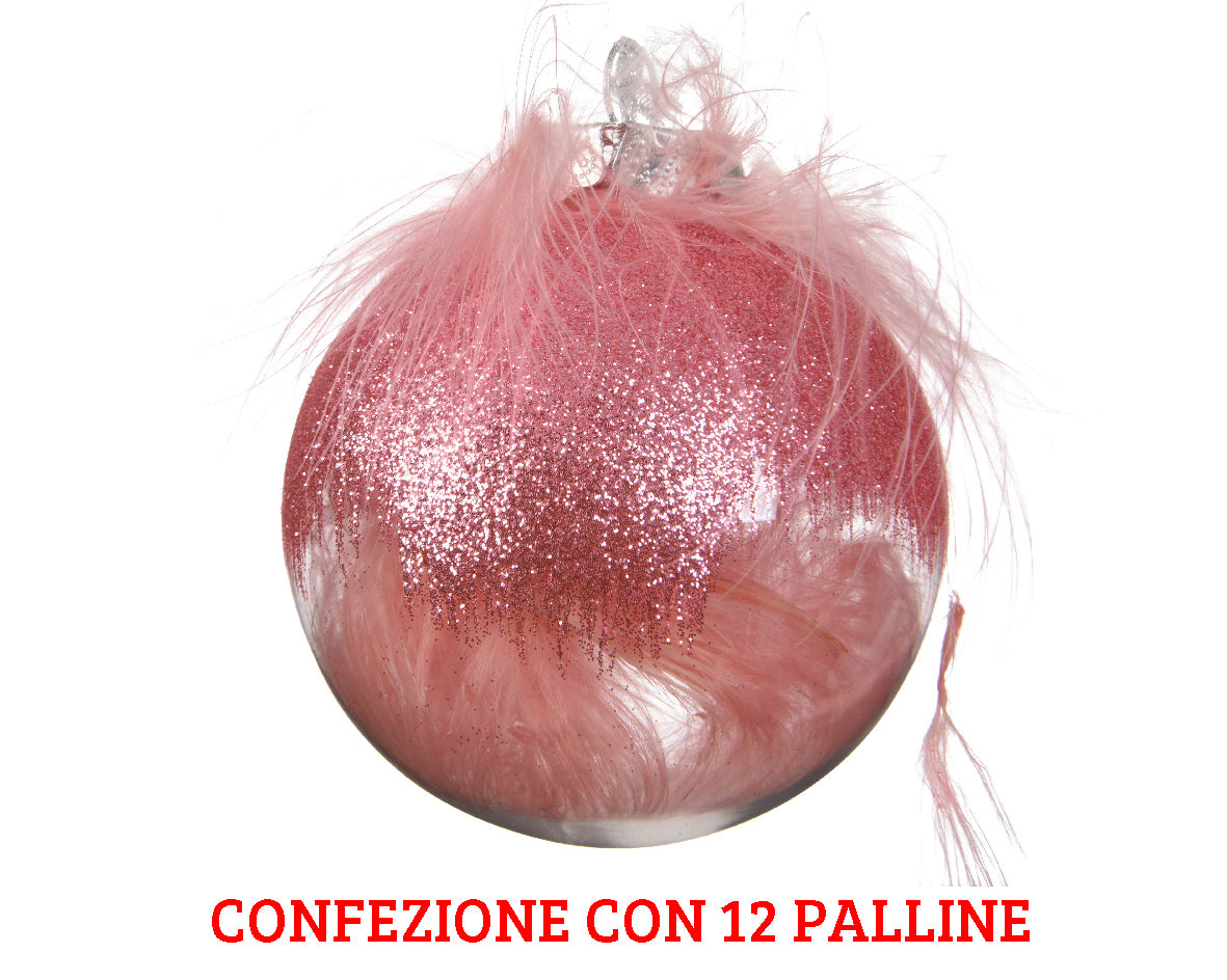 12 PALLINE NATALIZIE TRASPARENTI CON PIUME E GLITTER ROSA 8 CM