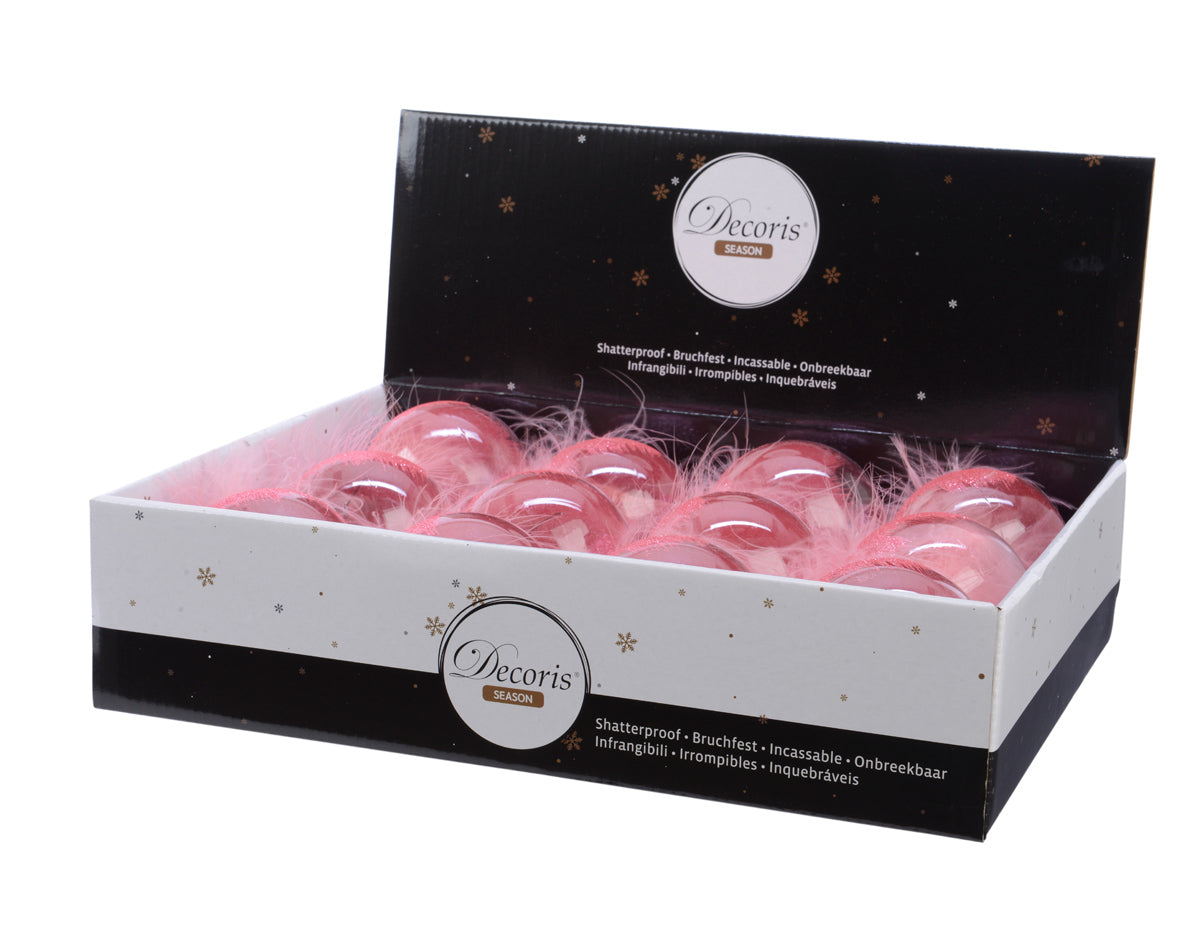 12 PALLINE NATALIZIE TRASPARENTI CON PIUME E GLITTER ROSA 8 CM