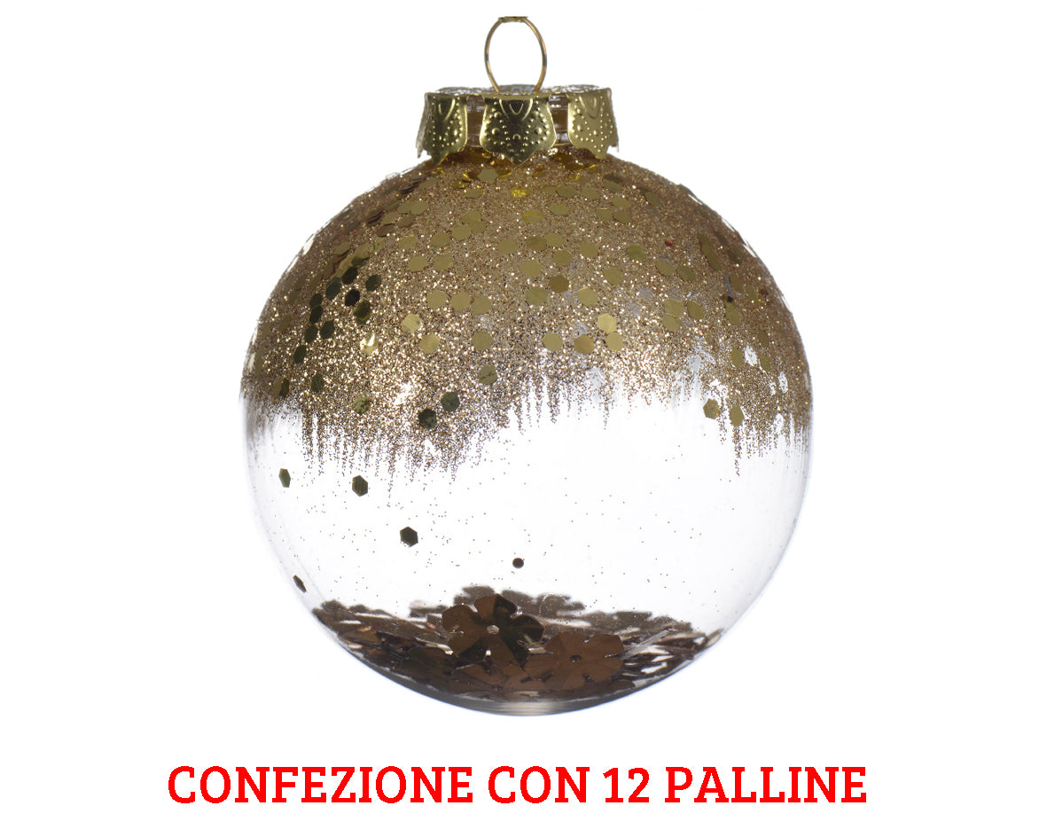12 PALLINE TRASPARENTI CON FIORI E LUSTRINI ORO 8 CM