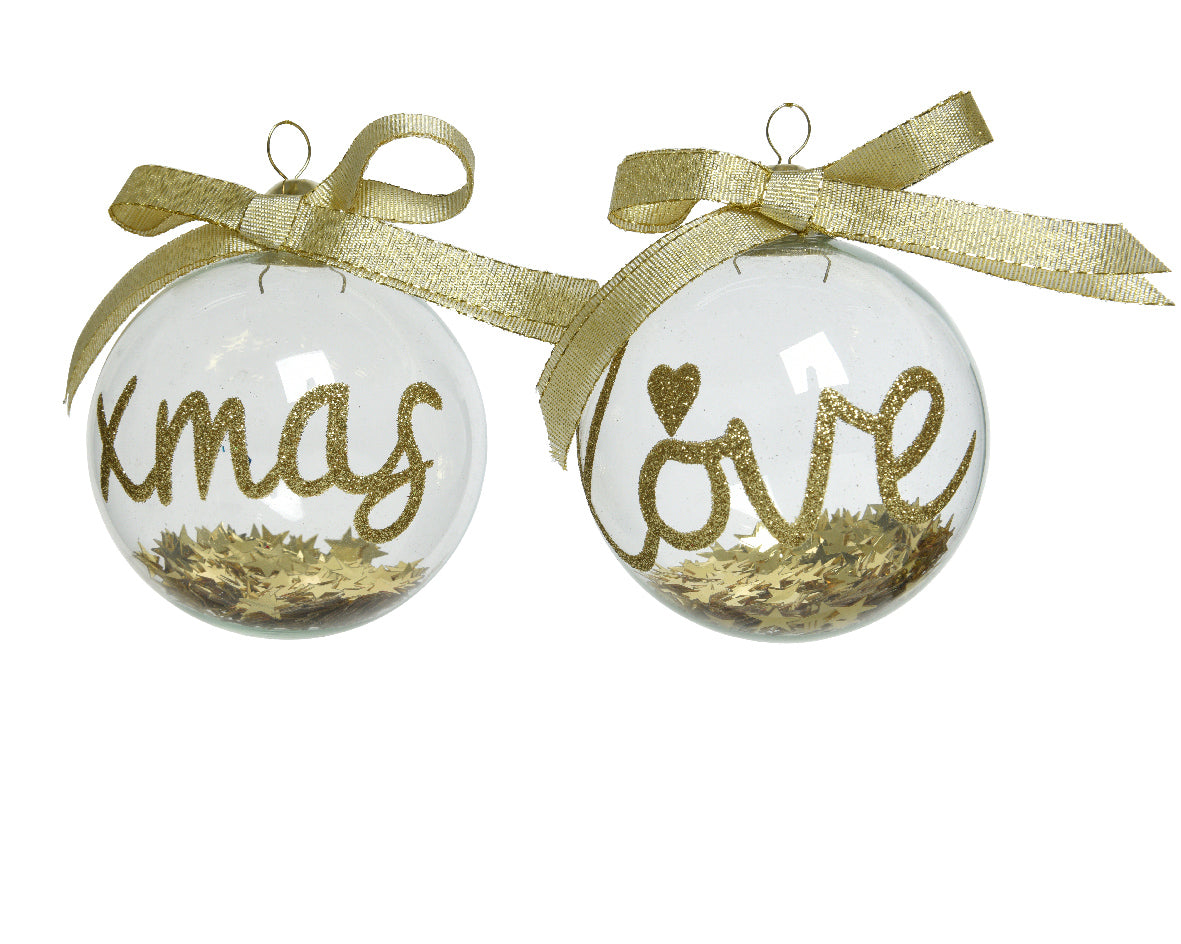 OFFERTA 3 PALLINE DI VETRO TRASPARENTE CON SCRITTE XMAS/LOVE 8CM MODELLO ASSORTITO