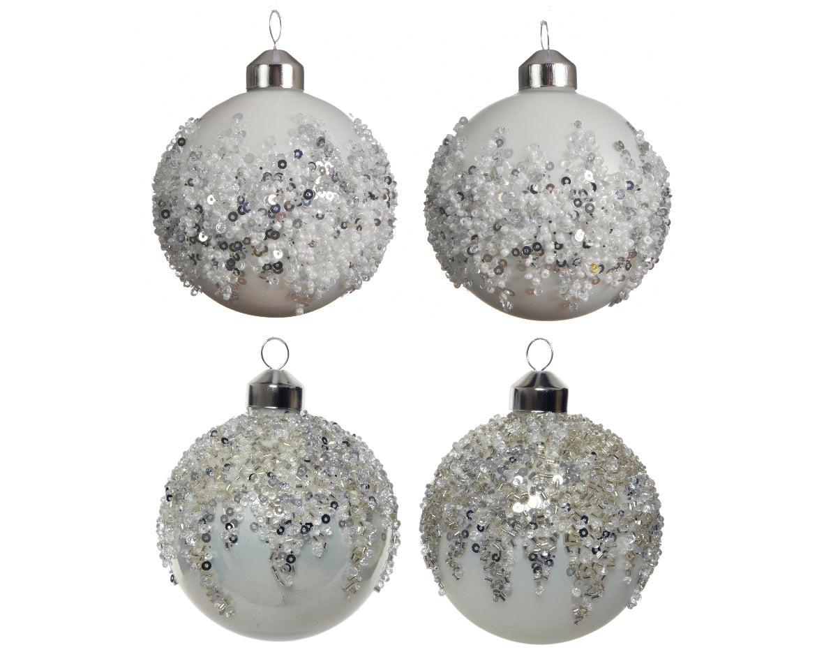 OFFERTA 3 PALLINE BIANCHE CON GLITTER ARGENTO 8CM ASSORTITE