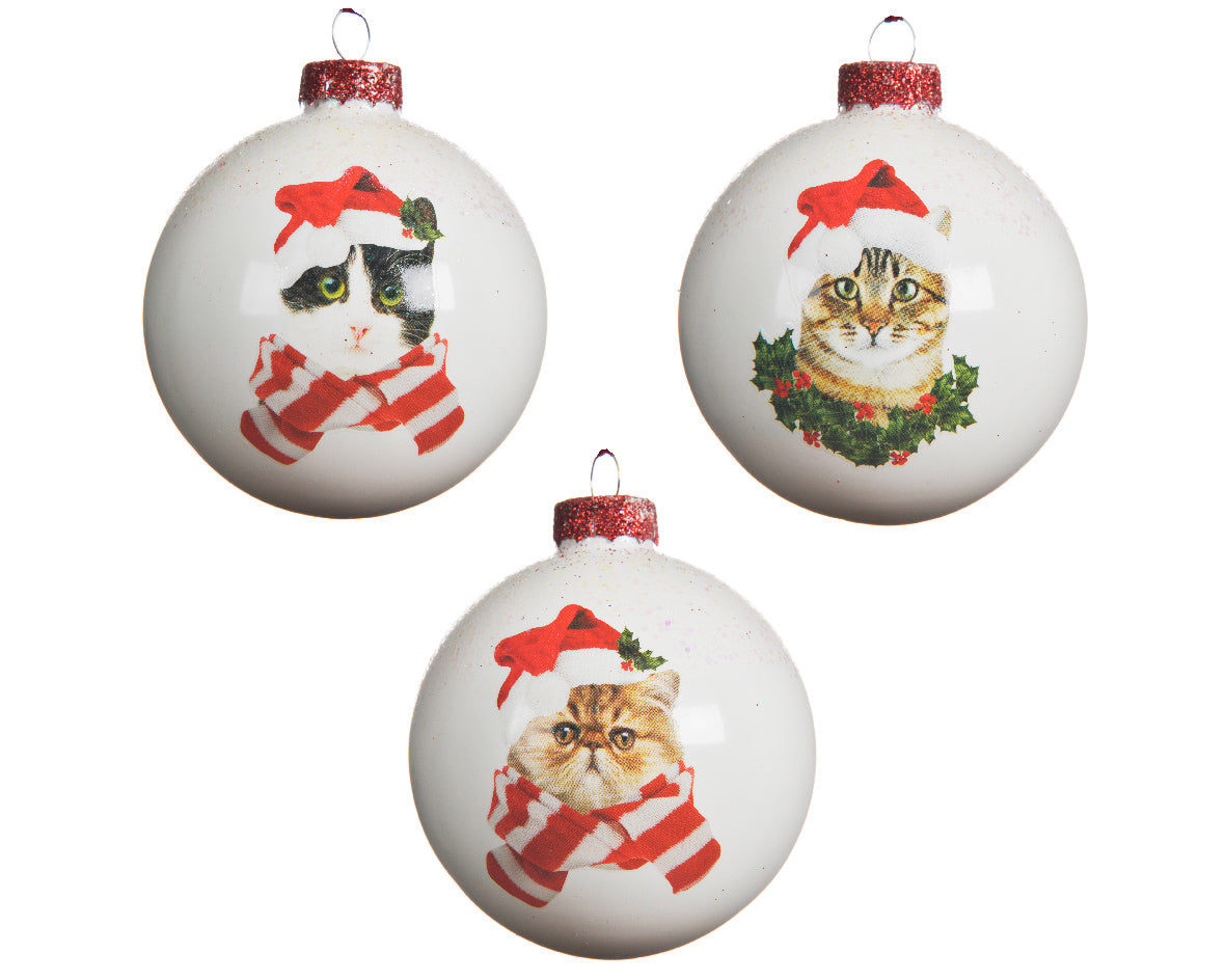 OFFERTA 3 PALLINE BIANCHE CON GATTO NATALIZIO 8CM ASSORTITE