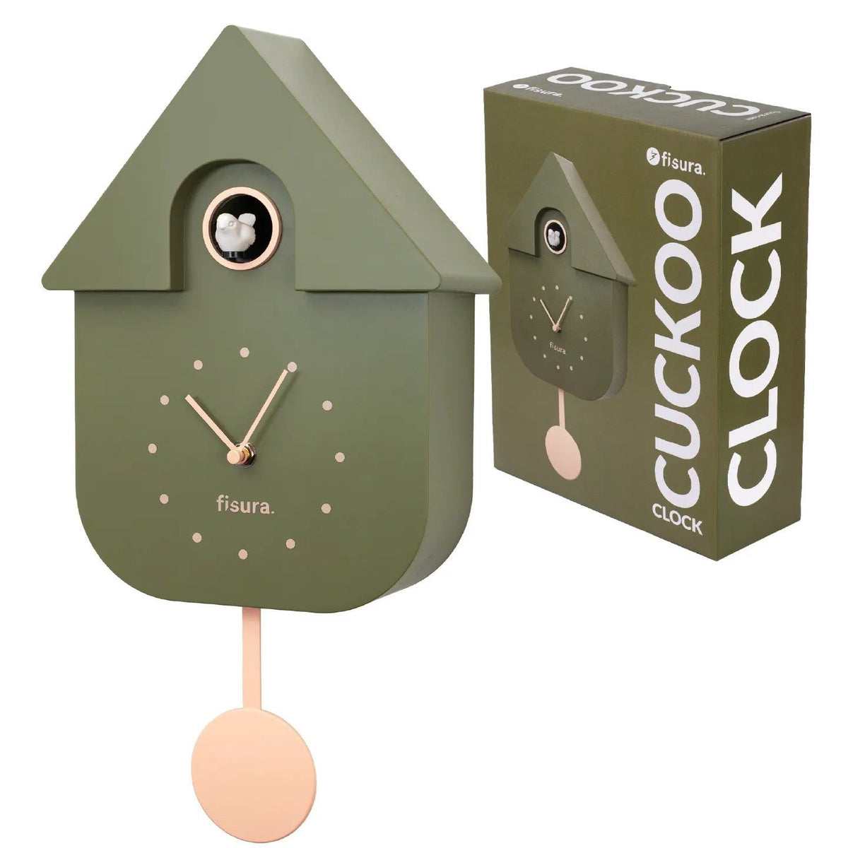 Fisura Orologio a Cucù "Oliva", 21,5 x 41,5 cm, Verde Oliva / Beige