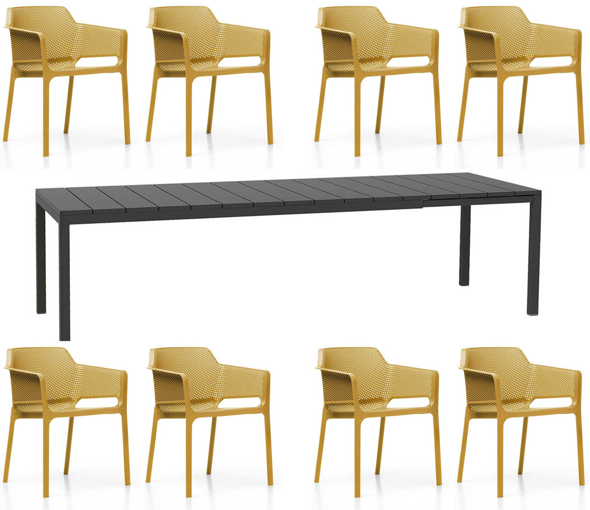 OFFRE : TABLE EXTENSIBLE RIO 210/280 + 8 FAUTEUILS EN FILET DANS LA COULEUR DE VOTRE CHOIX