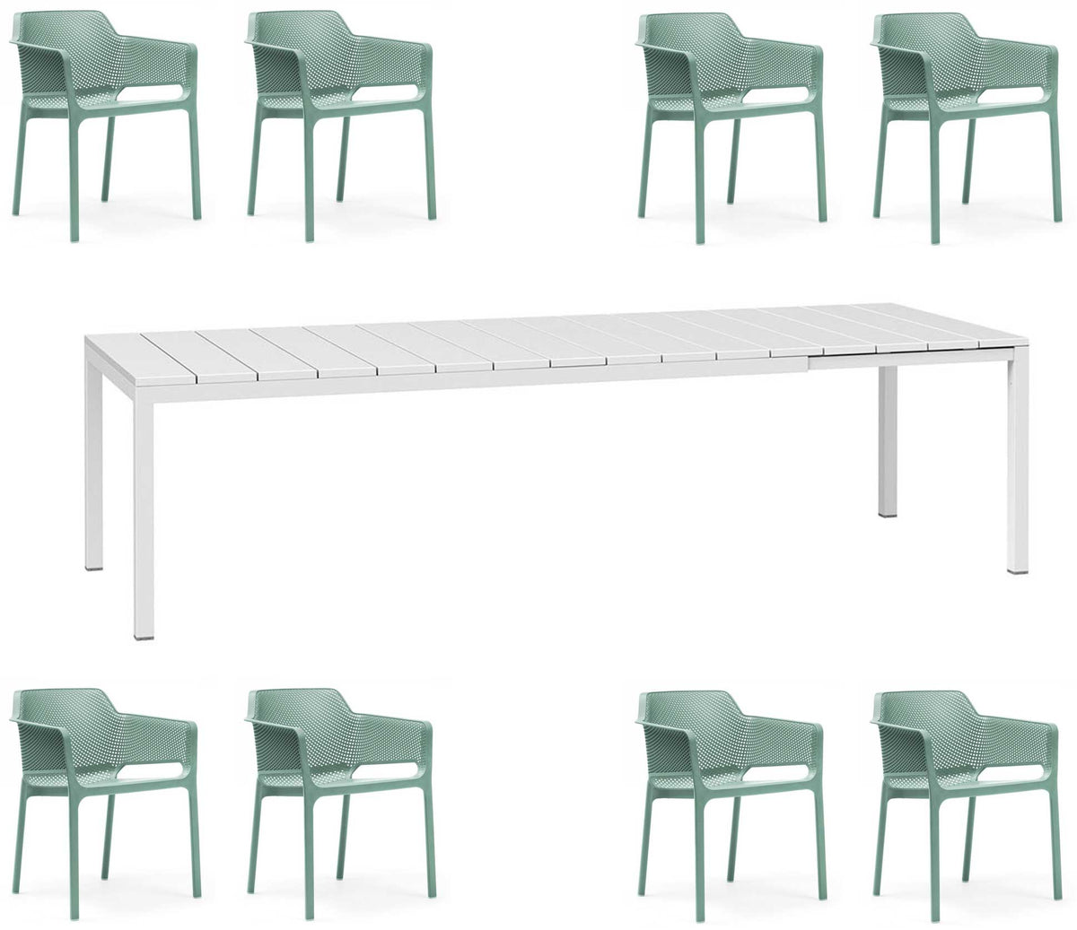 OFFRE : TABLE EXTENSIBLE RIO 210/280 + 8 FAUTEUILS EN FILET DANS LA COULEUR DE VOTRE CHOIX