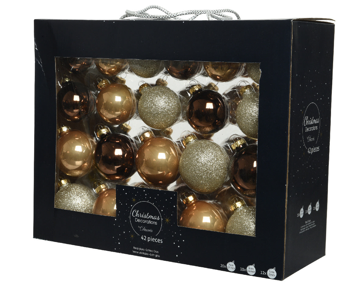 SET 42PZ PALLINE DI NATALE IN VETRO MARRONE LUCIDO/OPACO/GLITTER MISURE ASSORTITE