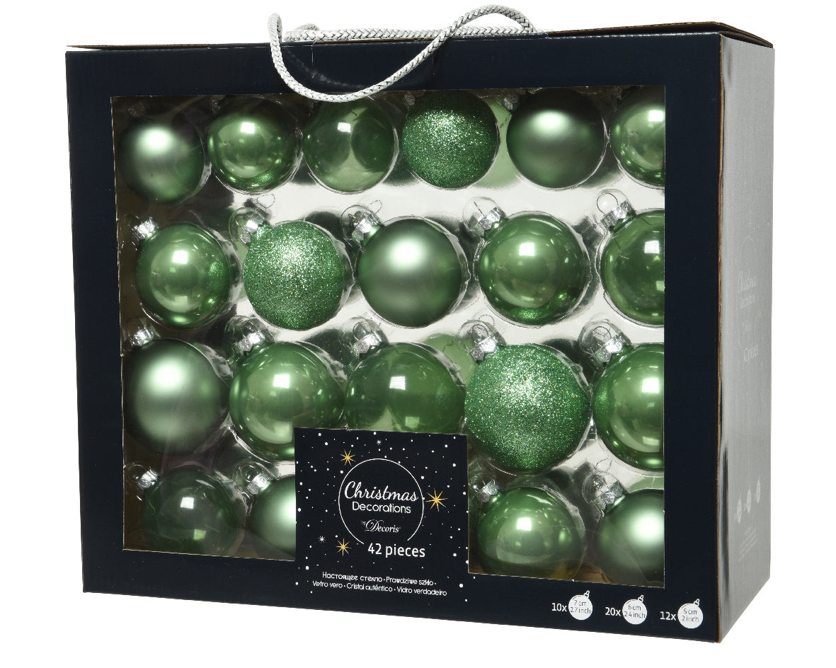 SET 42PZ PALLINE DI NATALE IN VETRO VERDE SALVIA MISURE ASSORTITE