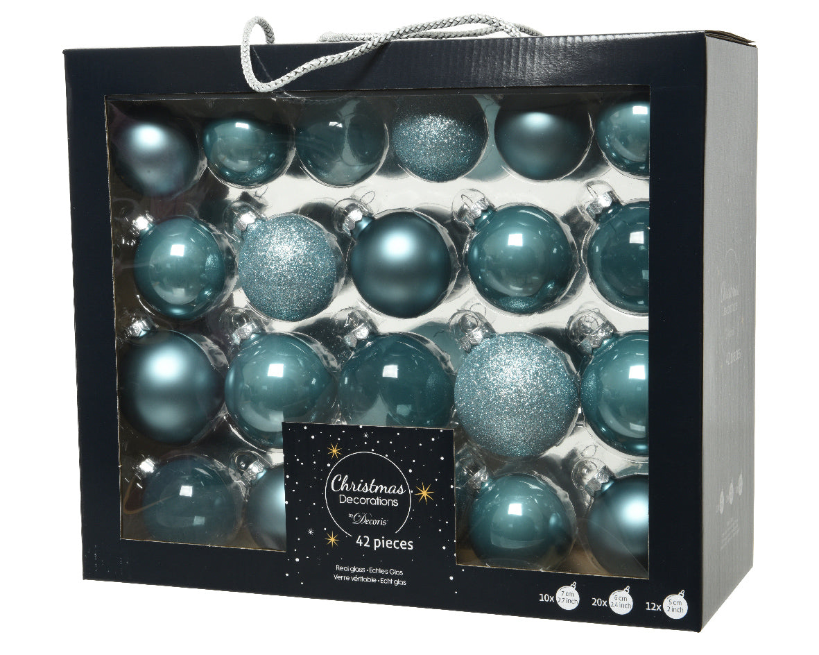 SET 42PZ PALLINE DI NATALE IN VETRO AZZURRO CIELO MISURE ASSORTITE