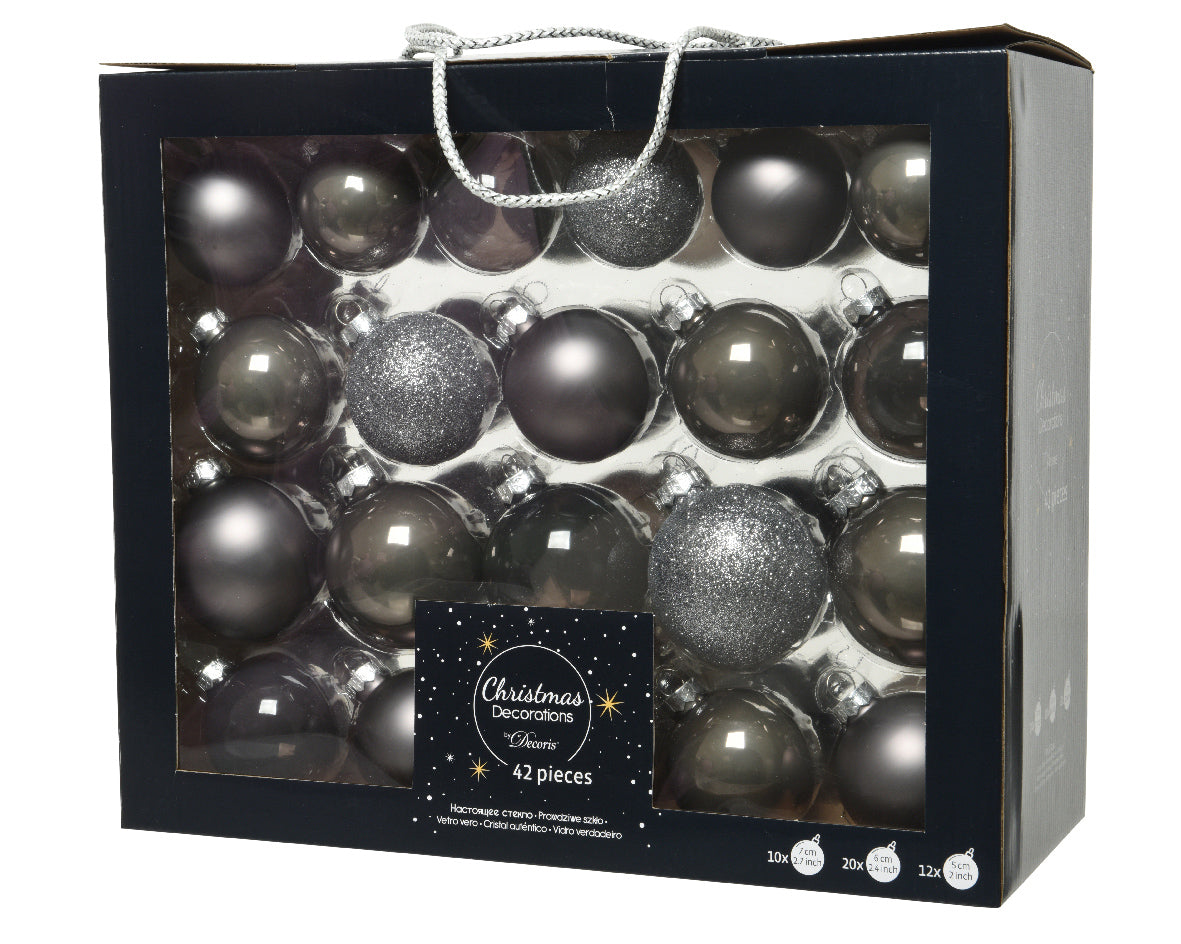 SET 42PZ PALLINE DI NATALE IN VETRO GRIGIO TENUE MISURE ASSORTITE