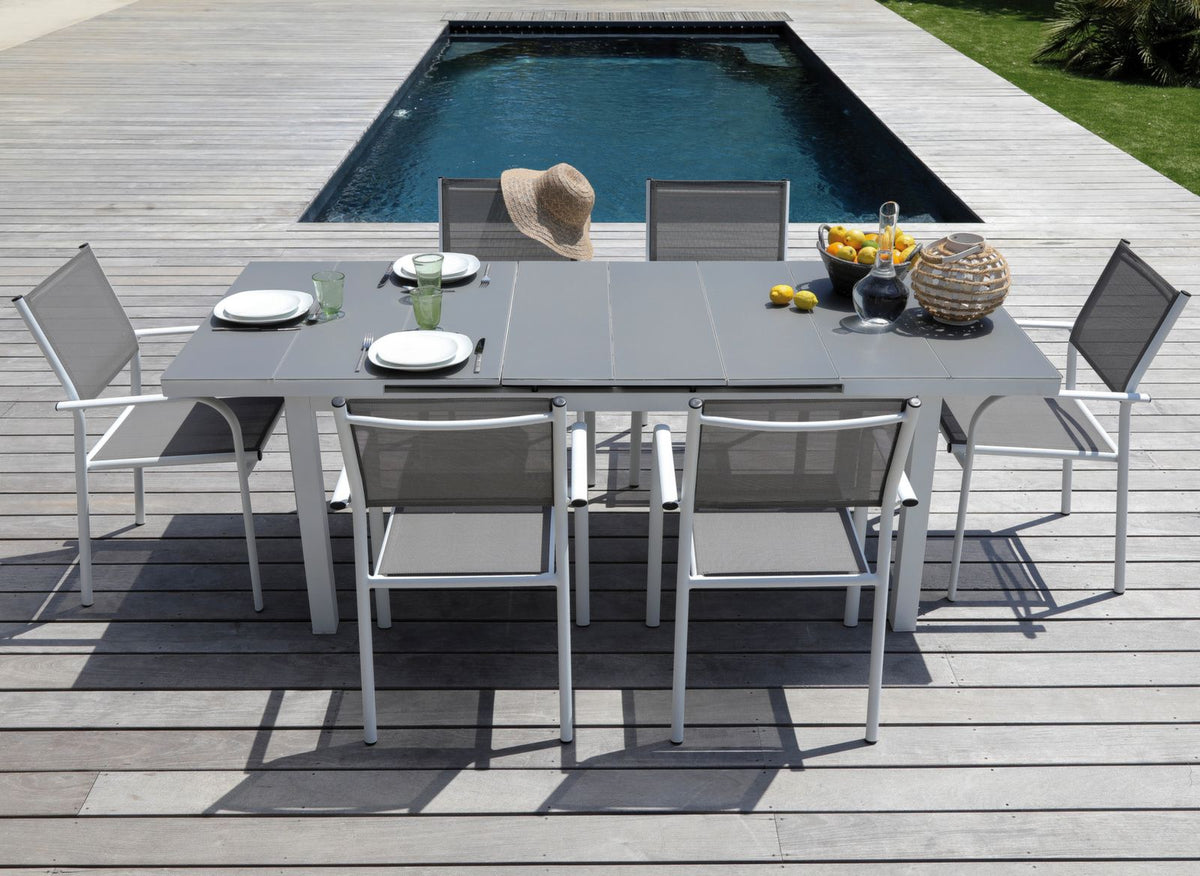 OFFERTA TAVOLO ONDINE 160/213X90 CON 4 POLTRONE DUCA GRIGIO
