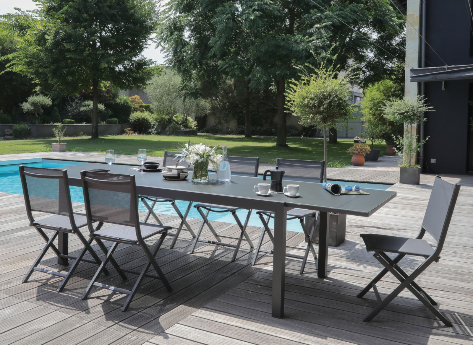 OFFERTA TAVOLO ALLUNGABILE IN VETRO 200/230X100 GRAFITE/GRIGIO ELISE +6 POLTRONE DUCA