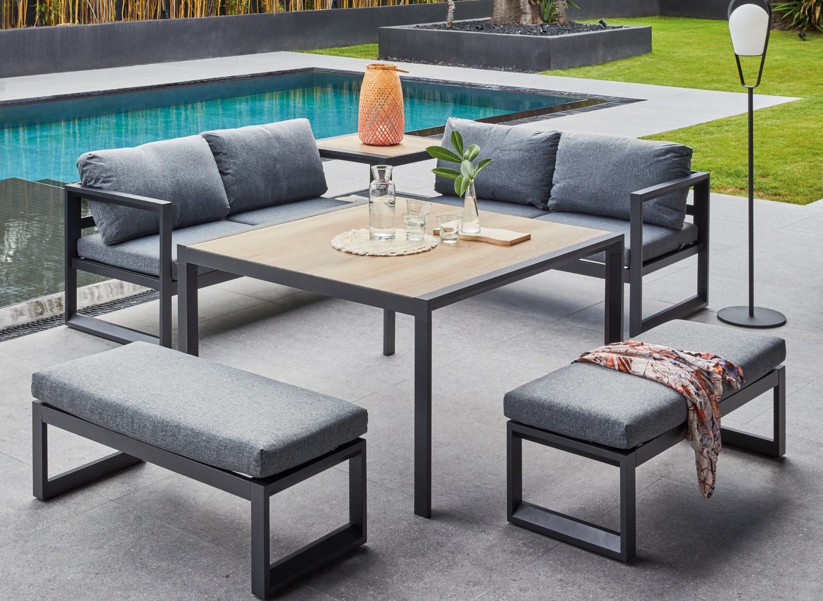 SALOTTO DA GIARDINO ANGOLARE ROYAN III 2 CHAISE LONGUE + 2 PANCHE + 2 TAVOLI GRIGIO
