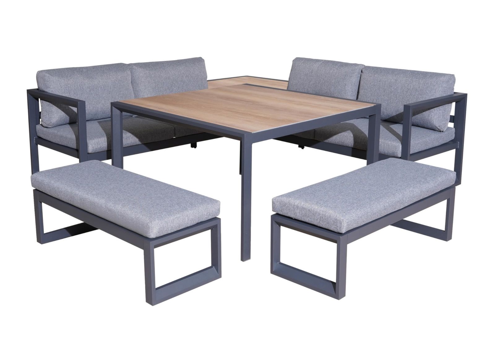 SALOTTO DA GIARDINO ANGOLARE ROYAN III 2 CHAISE LONGUE + 2 PANCHE + 2 TAVOLI GRIGIO