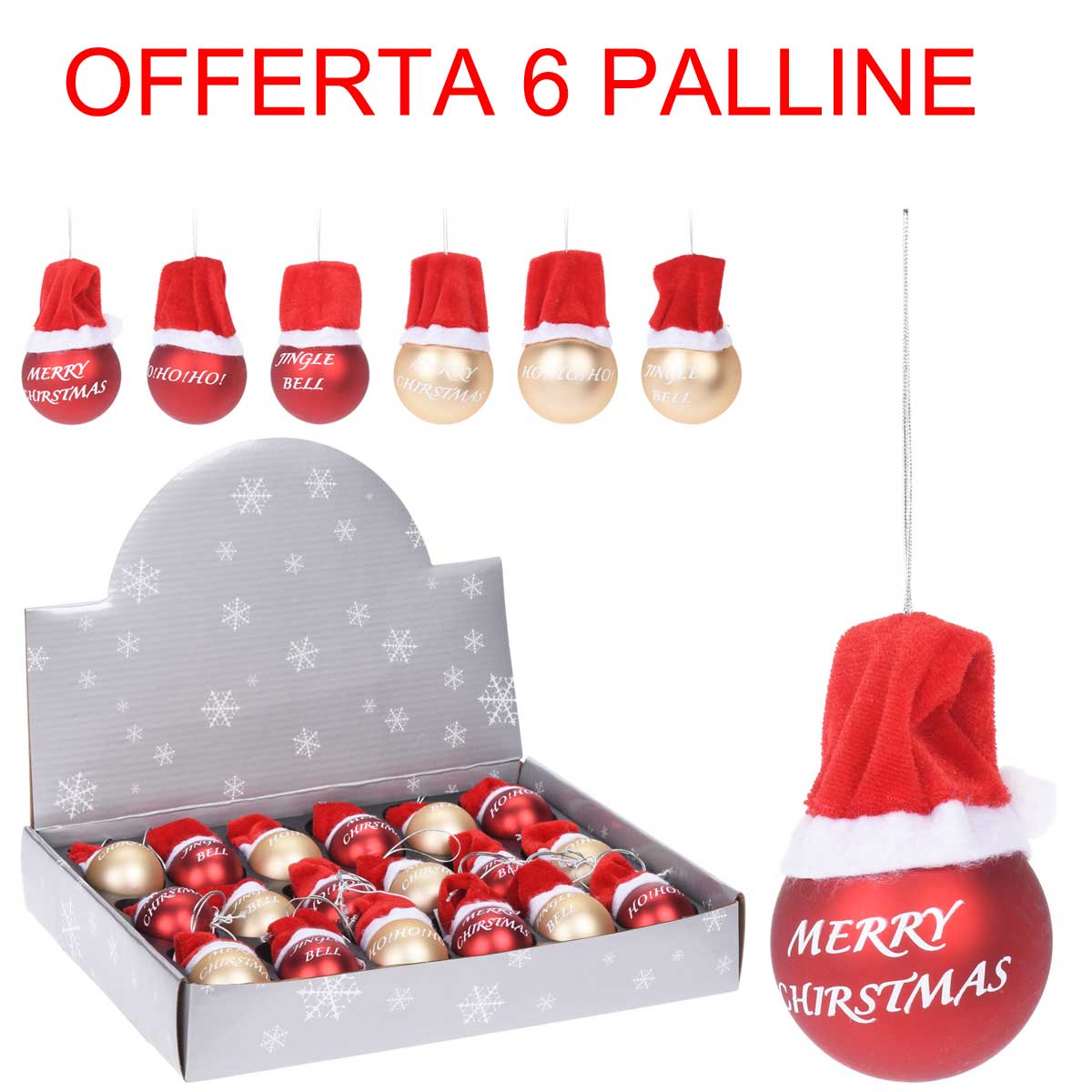 OFFERTA 6 PALLINE 6.5CM CON CAPPELLO NATALE ASSORTITE