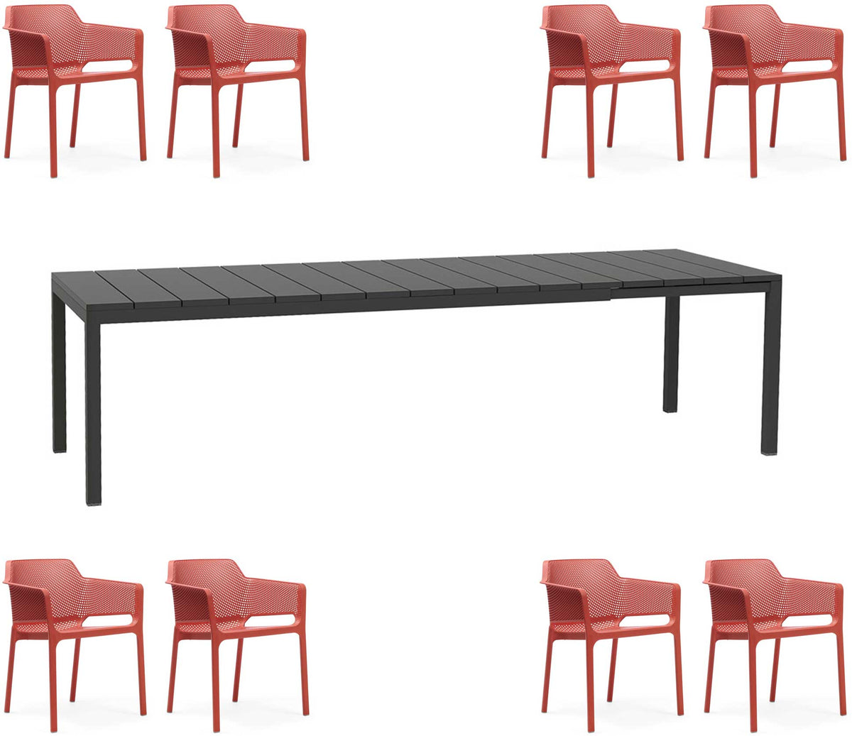 OFFRE : TABLE EXTENSIBLE RIO 210/280 + 8 FAUTEUILS EN FILET DANS LA COULEUR DE VOTRE CHOIX