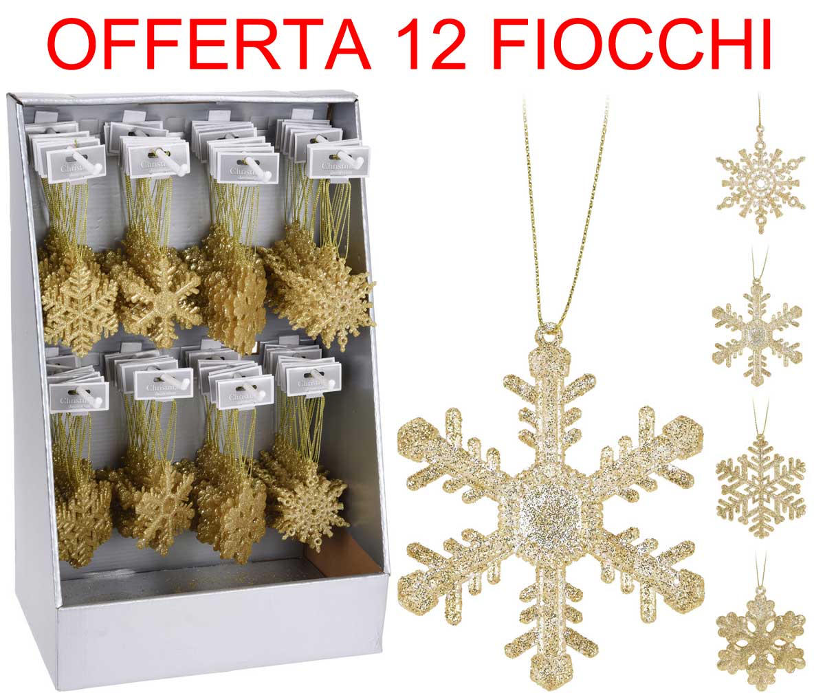 OFFERTA 12 FIOCCHI DI NEVE APPENDIBILI ORO 8CM