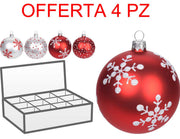 OFFERTA 4 PALLINE DI VETRO ROSSE/BIANCHE 10CM ASSORTITE