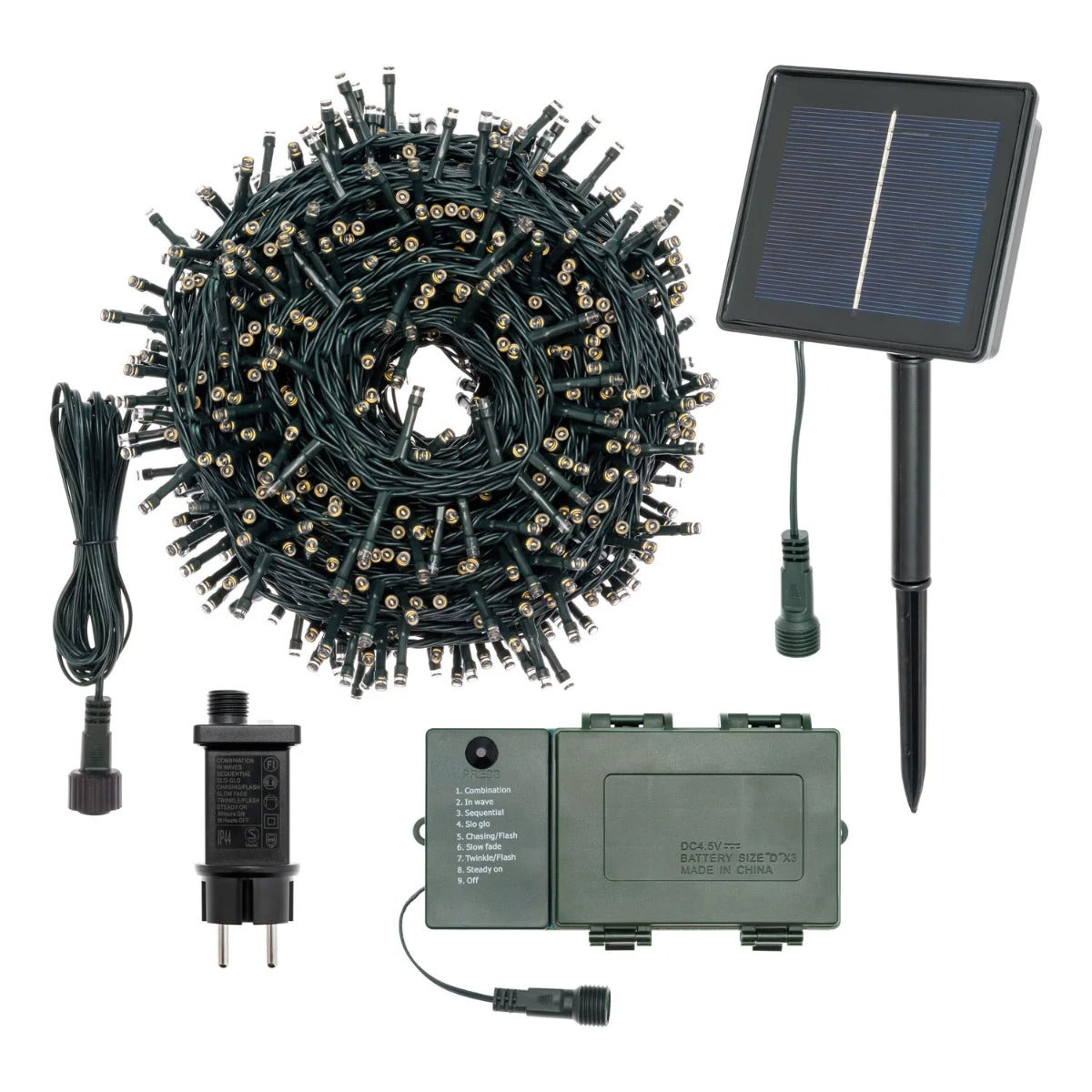 CATENA LUMINOSA 1000 LED BIANCO CALDO FILO VERDE CON PANNELLO SOLARE