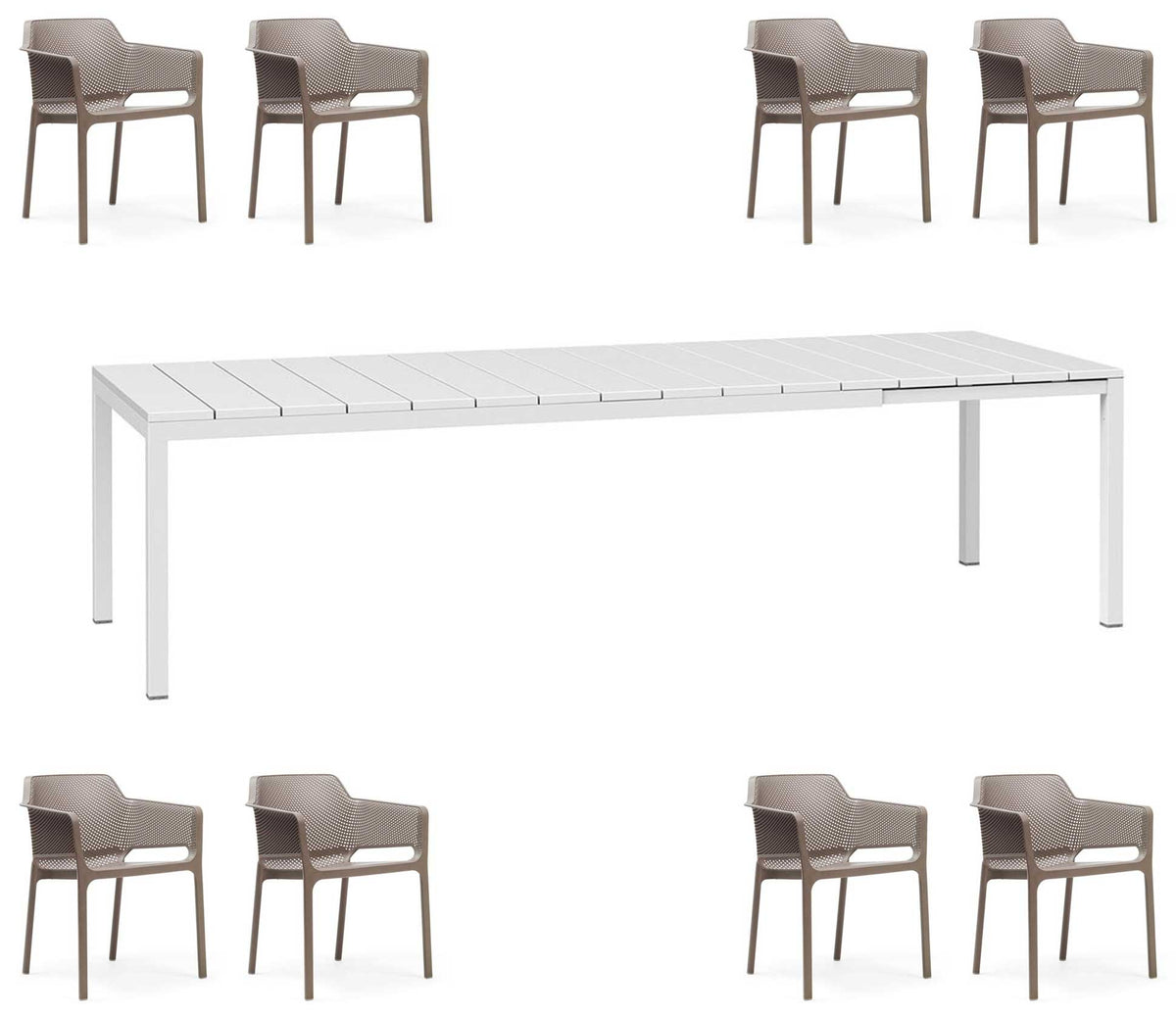 OFFRE : TABLE EXTENSIBLE RIO 210/280 + 8 FAUTEUILS EN FILET DANS LA COULEUR DE VOTRE CHOIX