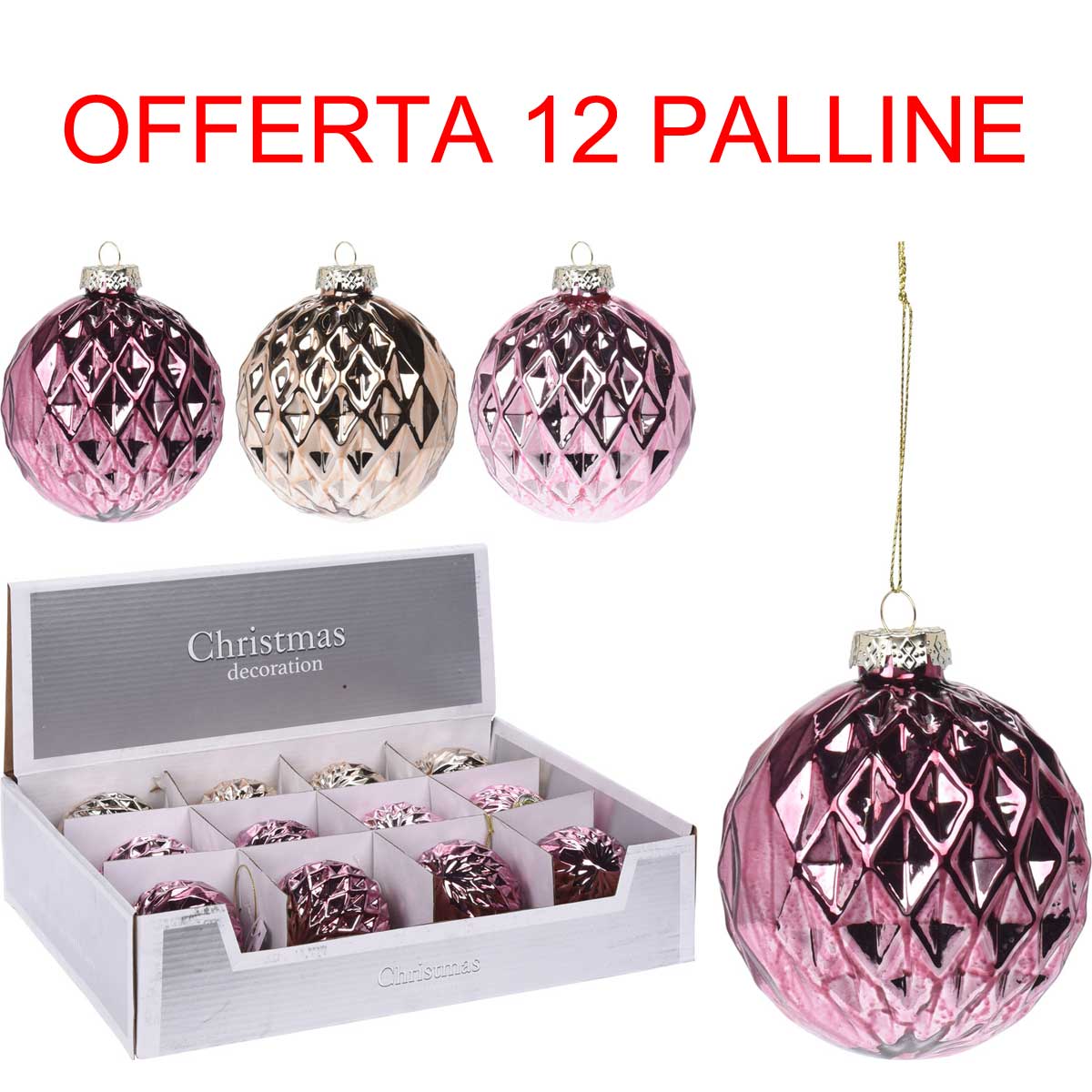OFFERTA 12 PALLINE 8CM ROSA/ORO ASSORTITE