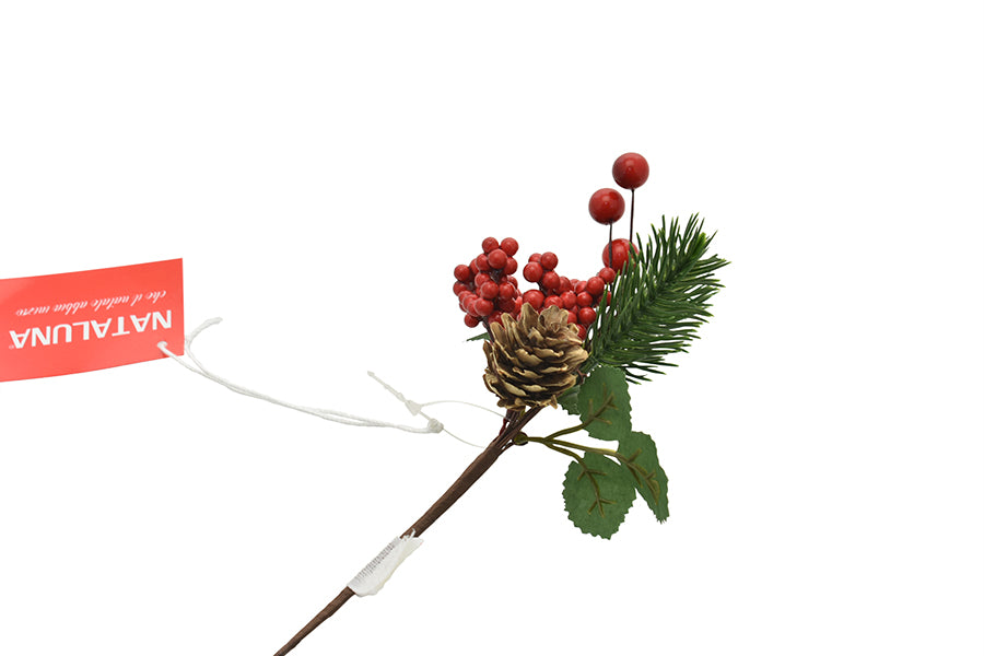 RAMO PICK CON BACCHE ROSSE E PIGNE 18CM