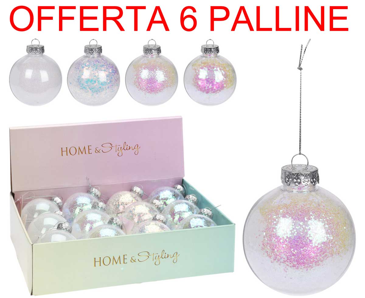 OFFERTA 6PALLINE LUCIDE/OPACHE GLITTER 10CM ASSORTITE