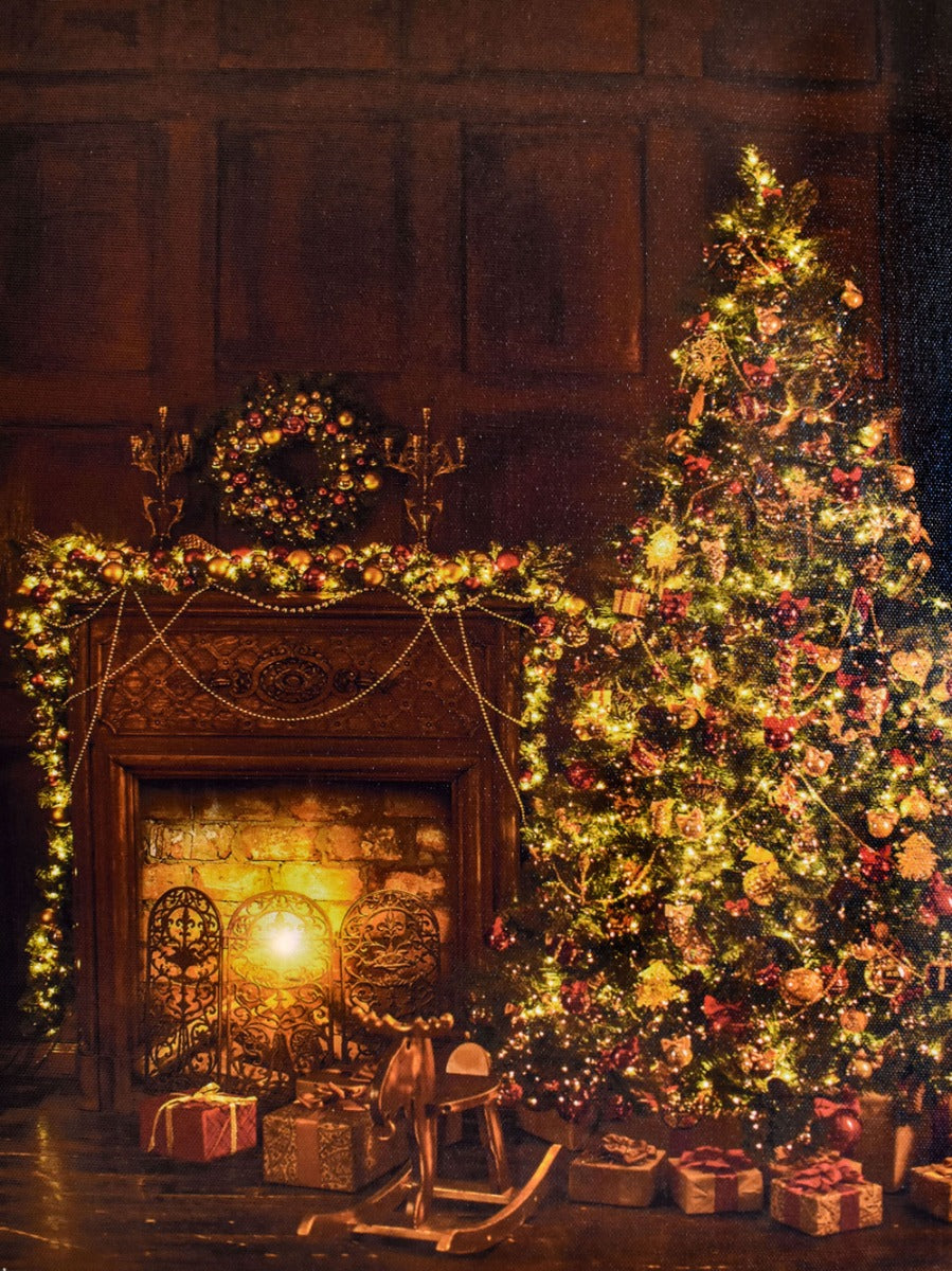 QUADRO NATALIZIO LED CON ALBERO DI NATALE DONI E CAMINETTO 30X40CM