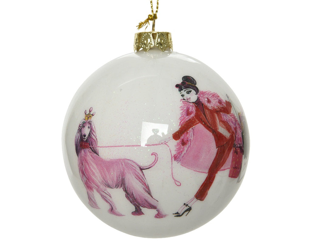 PALLINA DI NATALE 8CM BIANCA CON DECORAZIONE DONNA E CANE ROSA