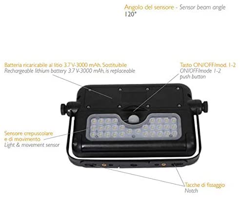 FARO LED 5 W RICARICA SOLARE LUCE FREDDA 6000K NERO