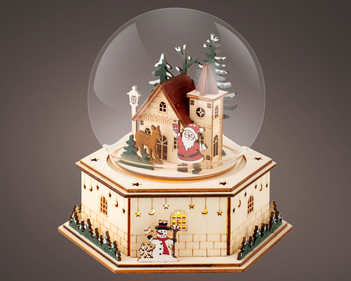 Scenario Natalizio in legno a LED, altezza 17,5 cm, colore marrone e luce bianco caldo.