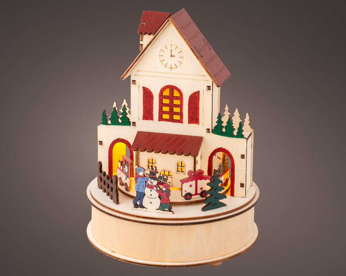 Scenario Natalizio in legno a LED, altezza 20,3 cm, colore marrone e luce bianco caldo.