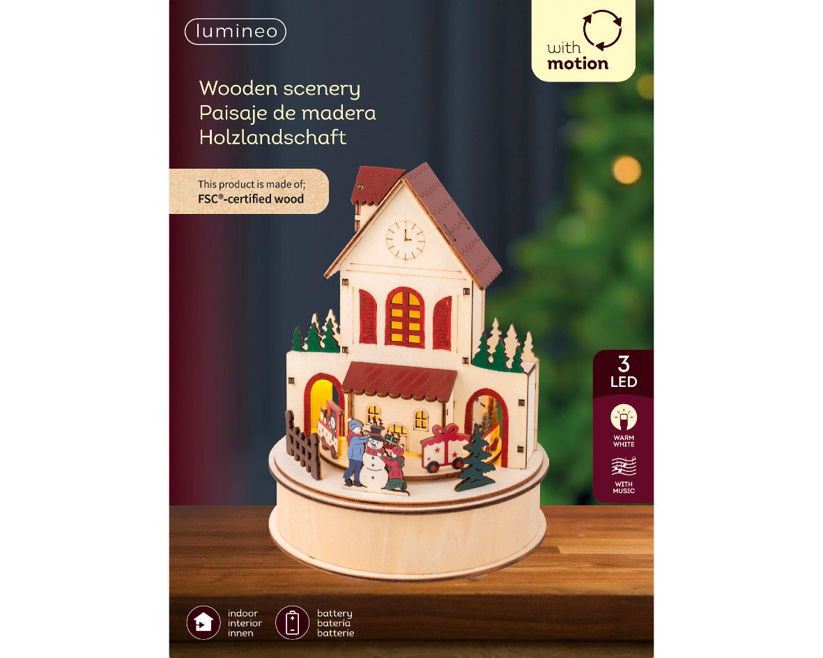 Scenario Natalizio in legno a LED, altezza 20,3 cm, colore marrone e luce bianco caldo.