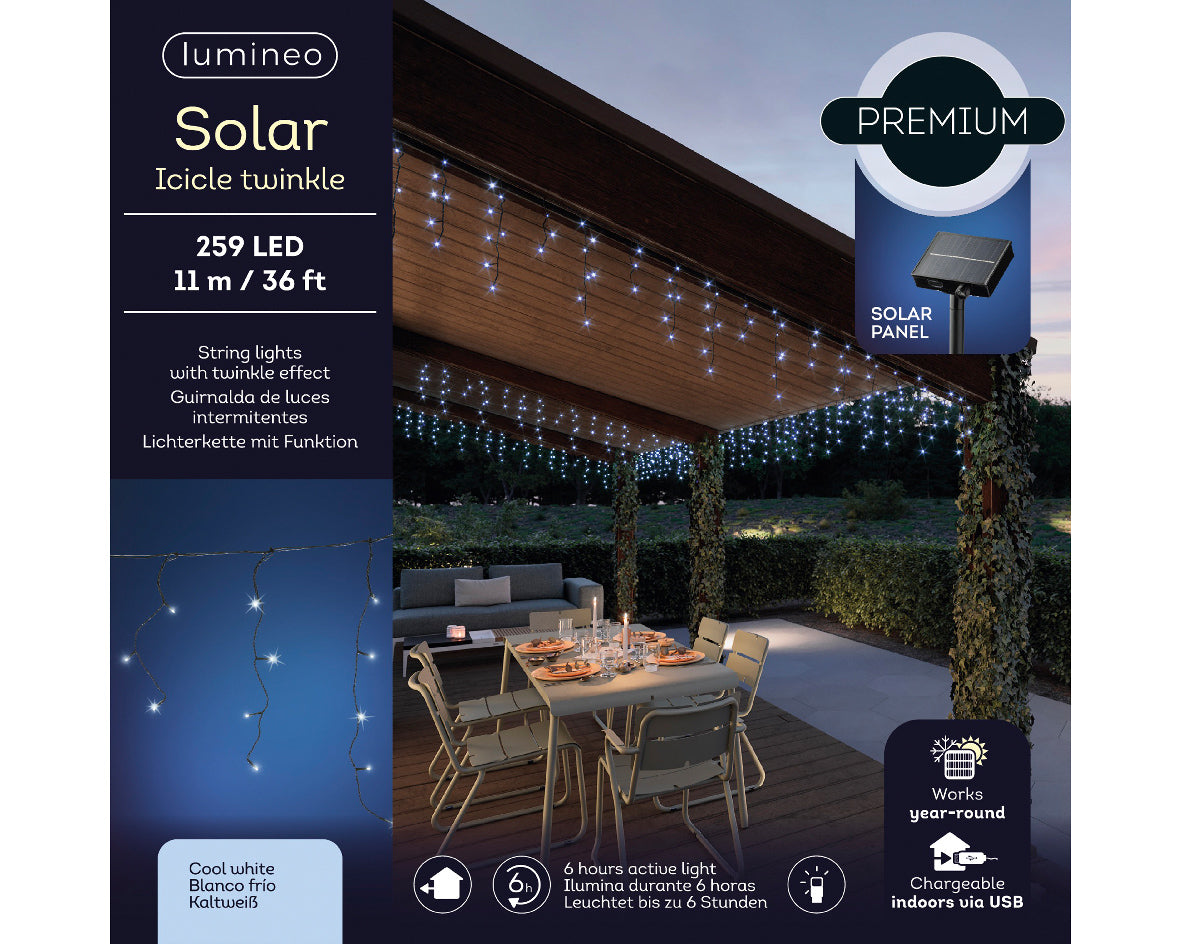 STALATTITI 259 LED BIANCO FREDDO DA ESTERNO 1100CM CON PANNELLO SOLARE