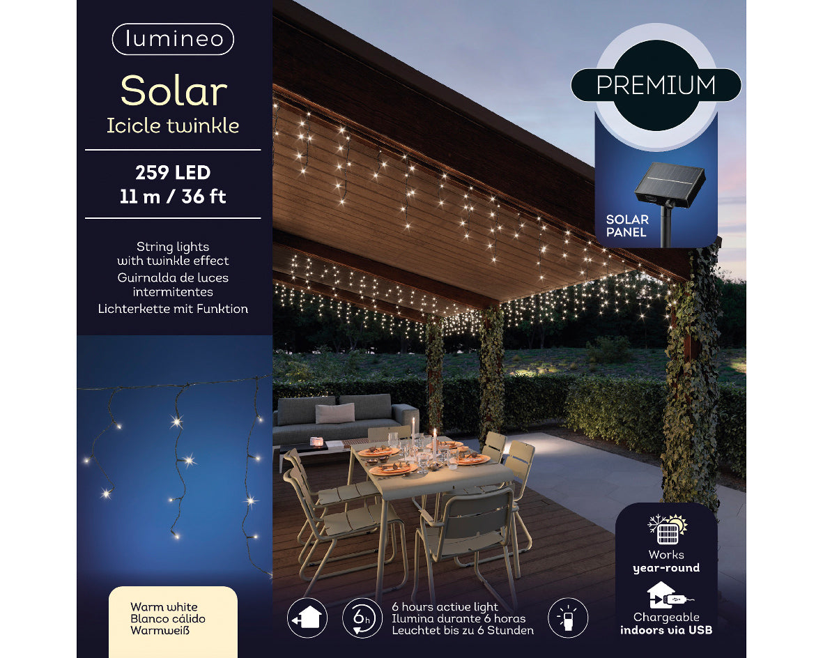 STALATTITI 259 LED BIANCO CALDO / NATURALE DA ESTERNO 1100CM CON PANNELLO SOLARE