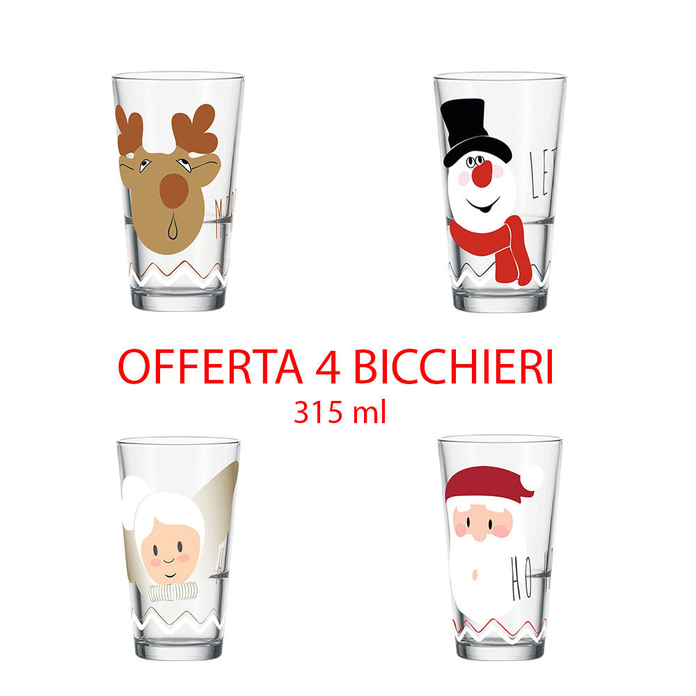 OFFERTA SET 4 BICCHIERI NATALIZI 315ML FANTASIE ASSORTITE