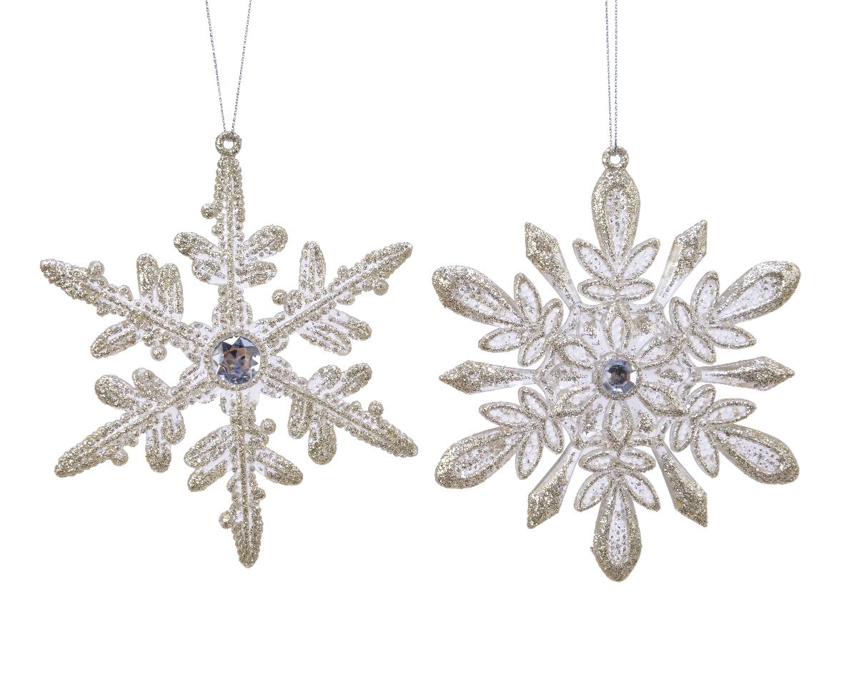 OFFERTA 12 FIOCCHI DI NEVE APPENDIBILI 0,5X9X13CM CHAMPAGNE ASSORTITI