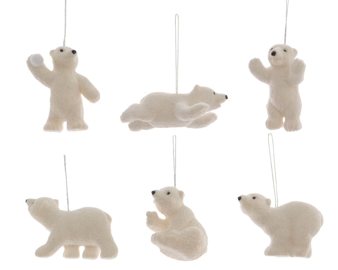 OFFERTA 6 DECORAZIONI ORSO POLARE 6CM BIANCO CON GLITTER ASSORTITO