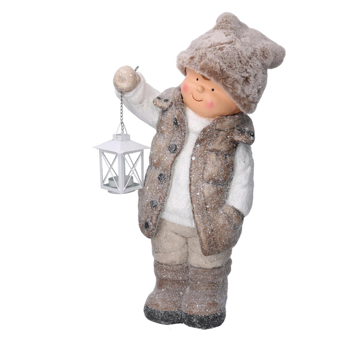 STATUINA BAMBINO IN RESINA CON LANTERNA BEIGE PORTA T-LIGHT 30X21H51CM