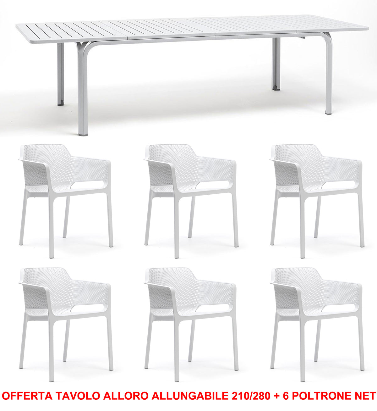 OFFERTA TAVOLO ALLORO ALLUNGABILE 210/280 + 6 POLTRONE NET COLORE A SCELTA