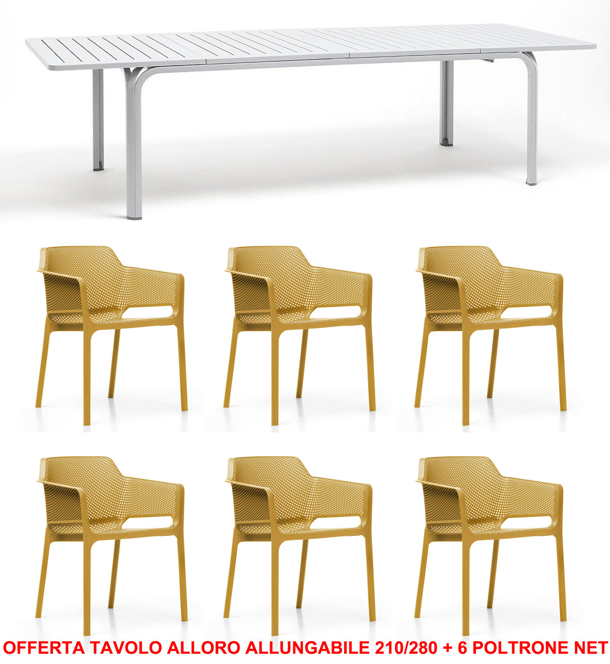 OFFERTA TAVOLO ALLORO ALLUNGABILE 210/280 + 6 POLTRONE NET COLORE A SCELTA