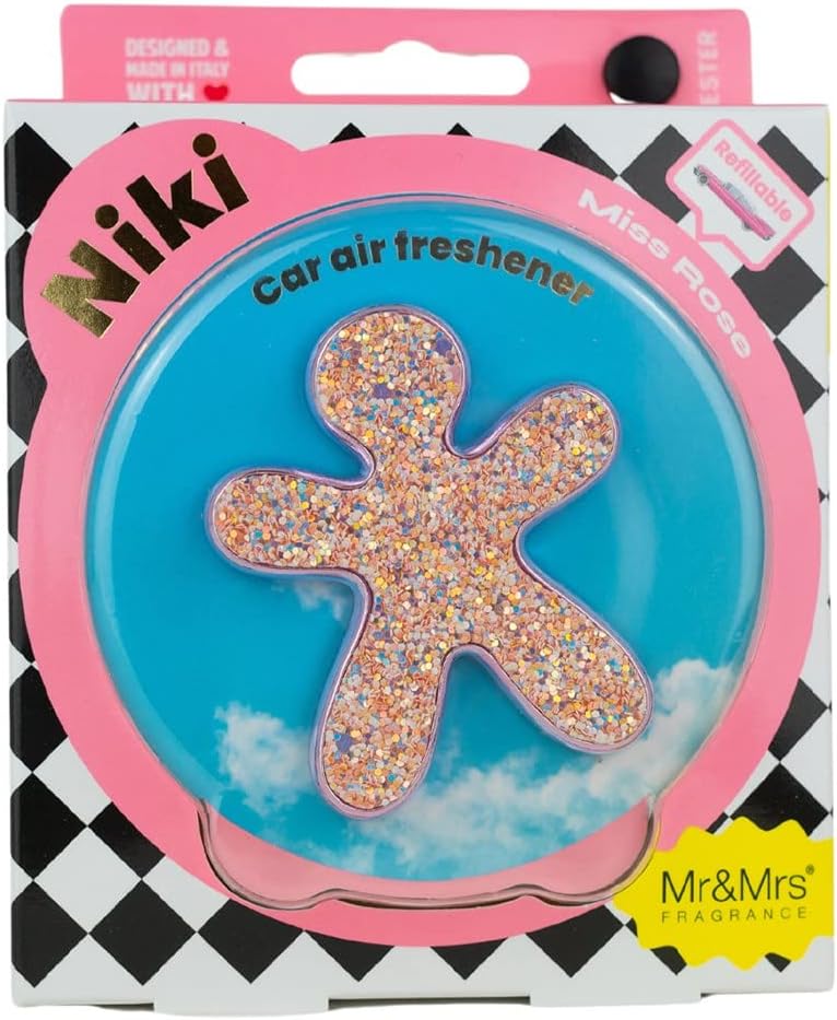 DIFFUSORE AUTO, NIKI, CON GLITTER, ROSA, FRAGRANZA MISS ROSE